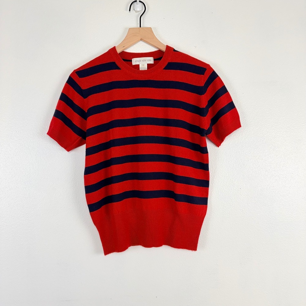 Jones New York Wool Blend Sweater Top S Red Navy Striped Short Sleeve Preppy